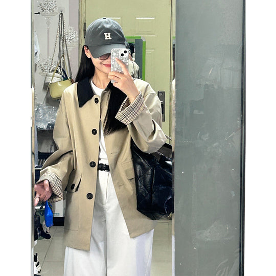 Damen Oversized Trenchcoat mit Kontrastkragen und karierten Umschlagmanschetten Shop Nory