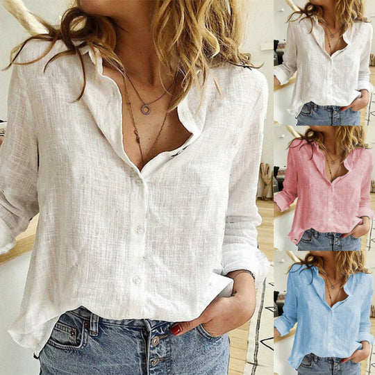 Damen Leichte Leinenbluse im legeren Oversize‑Schnitt mit Stufenkragen und durchgehender Knopfleiste Shop Nory
