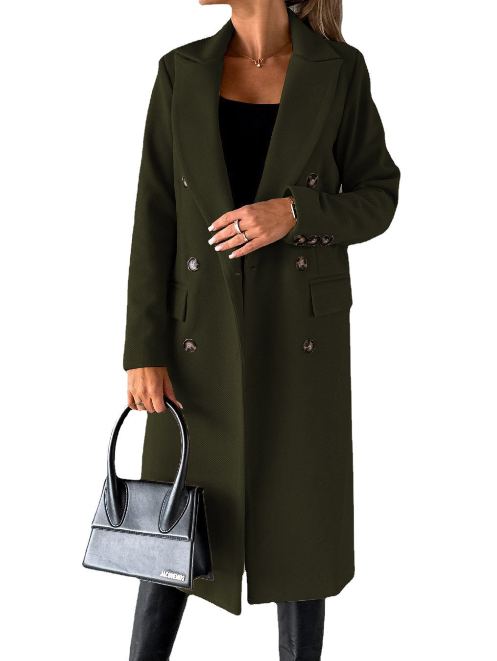 Damen klassischer langer Doppelreiher Mantel mit Reverskragen und Pattentaschen Shop Nory