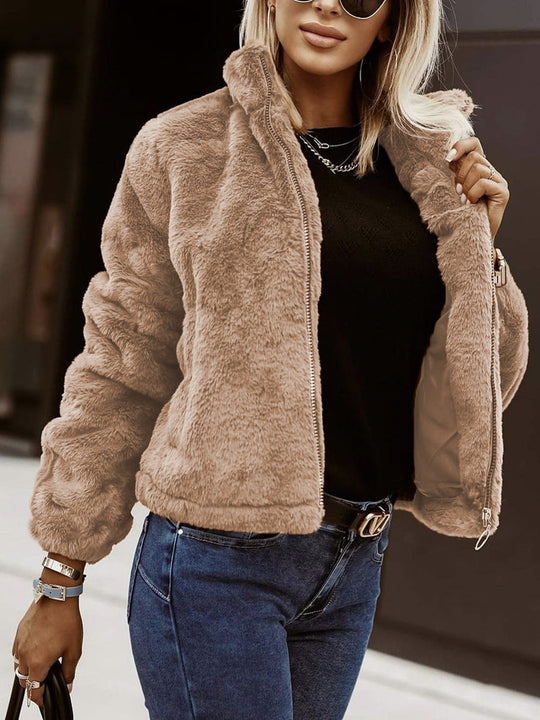Weiche Damen Teddy Bomberjacke mit Reißverschluss