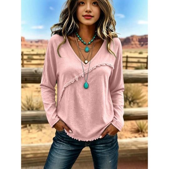 Damen Lässiges V-Ausschnitt Langarmshirt mit diagonaler Fransenblende und Strukturstoff Shop Nory
