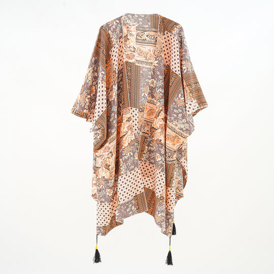 Damen Kaftan-Überwurf mit Patchwork-Blumenprint und Quasten Shop Nory