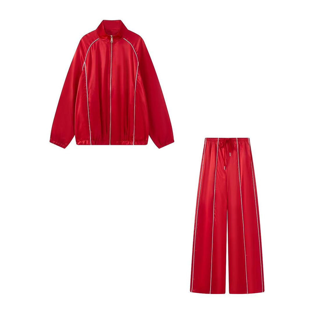 Damen Zweiteiliges Satin-Trainingsset mit Reißverschlussjacke und weitem Trackpant Shop Nory