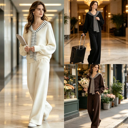 Damen Strickset mit Matrosenkragen-Pullover und weiter Culottehose Shop Nory
