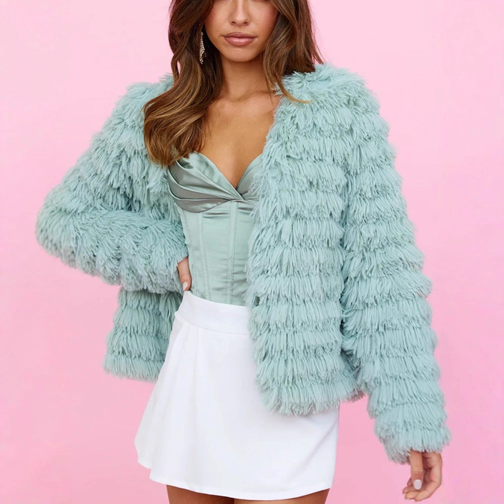 Damen Midilanger Plüschmantel mit Fransenstruktur und offener Silhouette Shop Nory