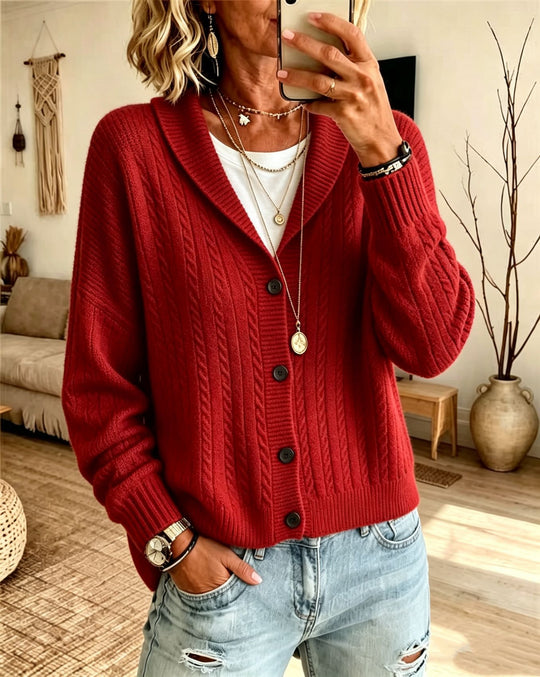 Damen Langer Schalkragen-Cardigan aus Zopfmuster mit gerippten Bündchen Shop Nory