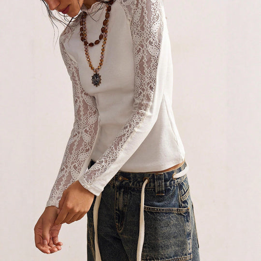 Damen Feinstrick-Langarmshirt mit Spitzenärmeln und Stehkragen Shop Nory