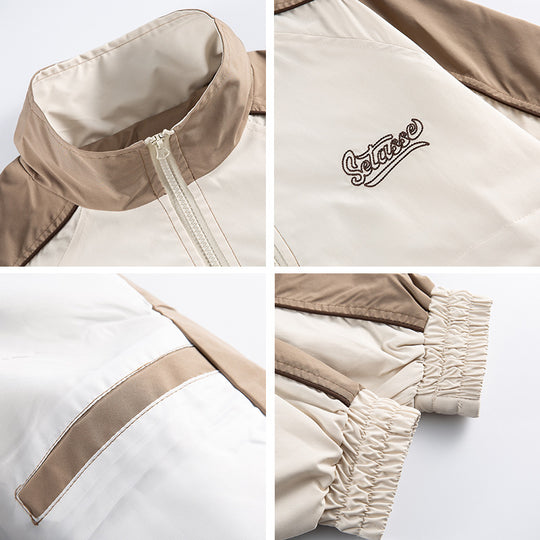 Unisex Kastig geschnittene Trackjacke im Retro-Sportstil mit hohem Stehkragen, Farbblock‑Einsätzen und elastischem Saum Shop Nory