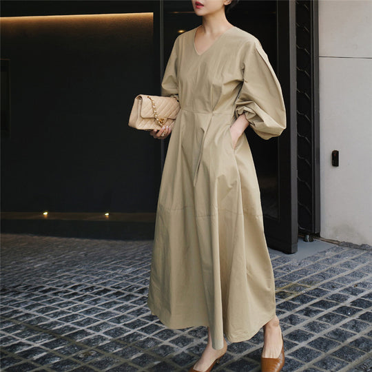 Damen Maxikleid mit weiten Ballonärmeln und seitlichen Eingrifftaschen Shop Nory