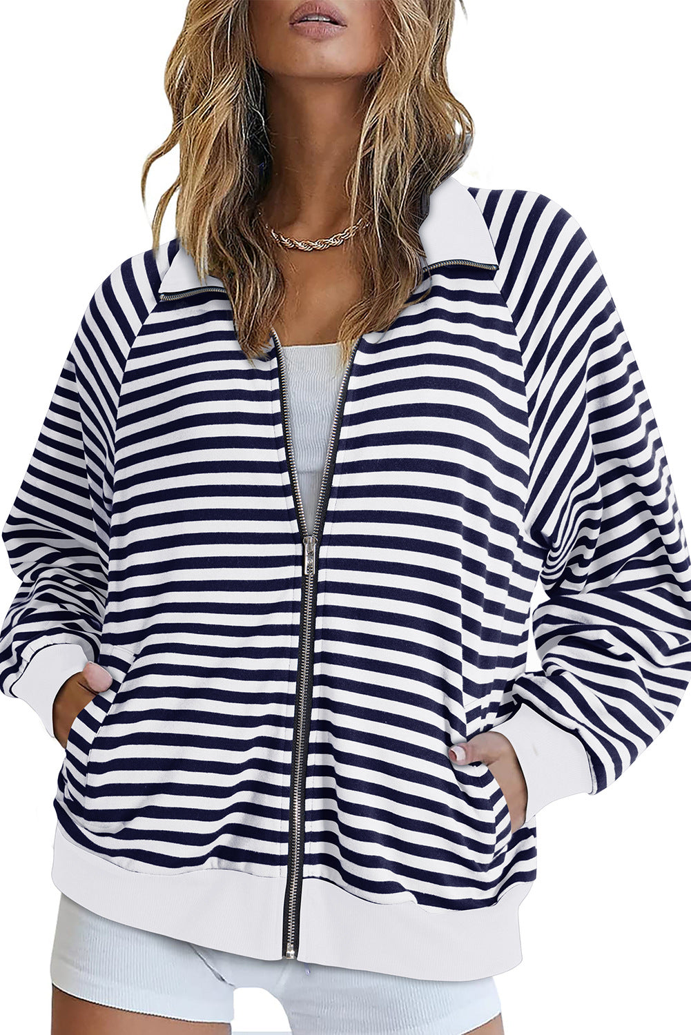 Damen Gestreifte Zip‑Jacke mit Reißverschluss, Raglanärmeln und Rippbündchen Shop Nory