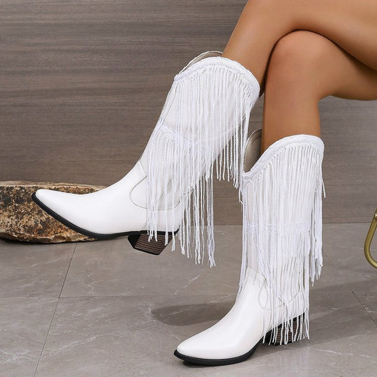 Damen kniehohe Fransen-Cowboystiefel mit feiner Perlenfransen-Verzierung und geformtem Blockabsatz Shop Nory
