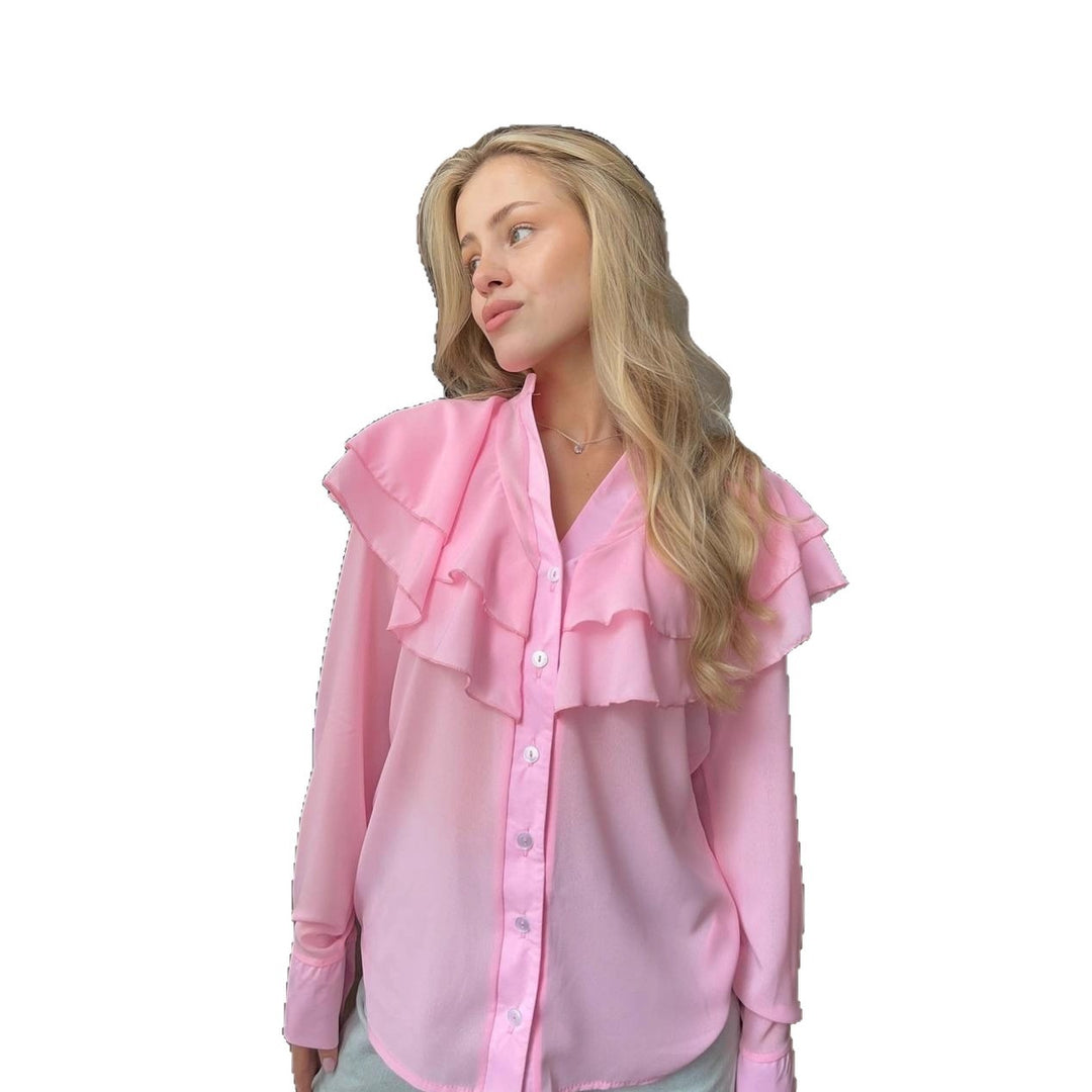 Damen Chiffon-Bluse mit mehrlagiger Volant-Rüsche und Perlmuttknöpfen Shop Nory