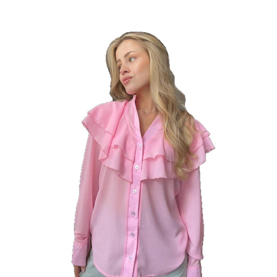 Damen Chiffon-Bluse mit mehrlagiger Volant-Rüsche und Perlmuttknöpfen Shop Nory
