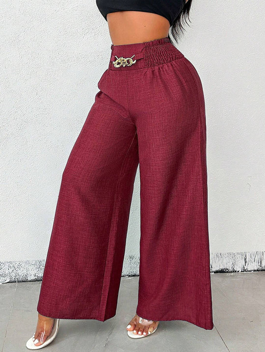 Damen Weite Leinenoptik-Hose mit hohem Smokbund und dekorativer Kettenapplikation Shop Nory
