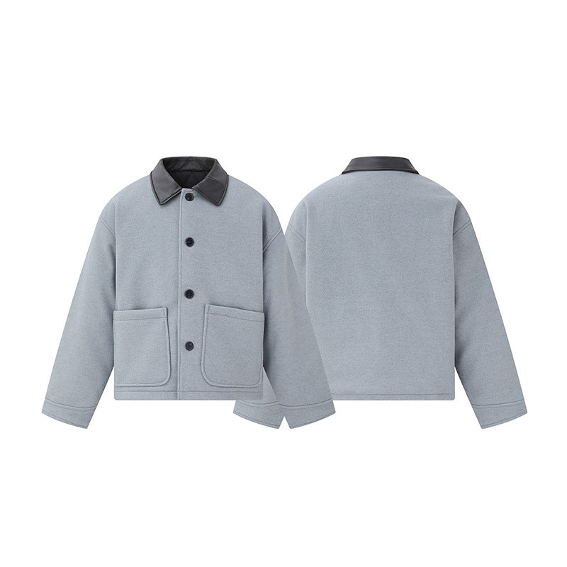 Unisex Kurzblouson im minimalistischen Workwear‑Look aus Wollmix mit Lederoptikkragen Shop Nory