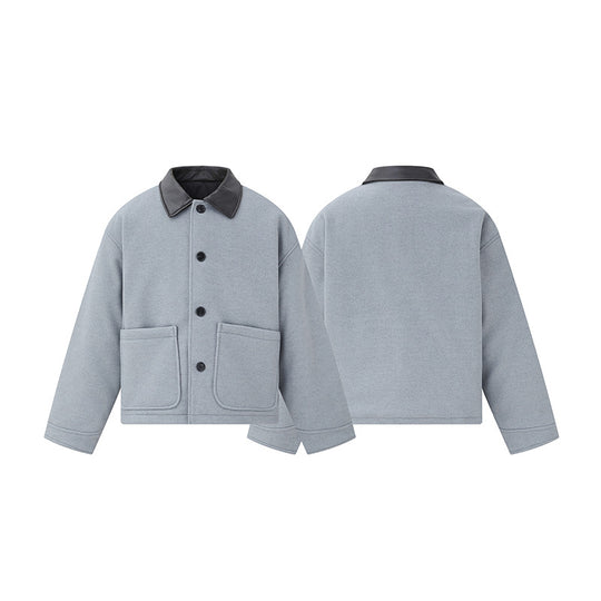 Unisex Kurzblouson im minimalistischen Workwear‑Look aus Wollmix mit Lederoptikkragen Shop Nory