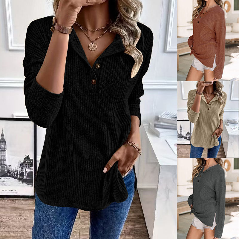 Damen Gerippter Longsleeve-Pullover mit Henley-Kragen und lässiger Tunika-Passform Shop Nory