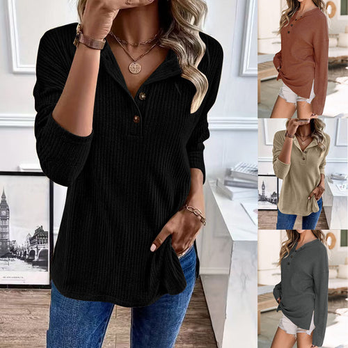 Damen Gerippter Longsleeve-Pullover mit Henley-Kragen und lässiger Tunika-Passform Shop Nory
