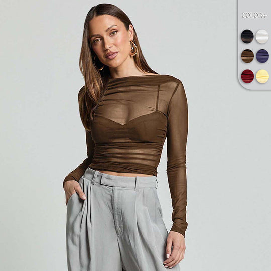 Damen Elegantes Langarmoberteil mit transparentem Mesh und Raffung
