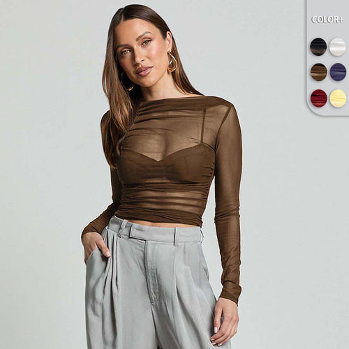 Damen Elegantes Langarmoberteil mit transparentem Mesh und Raffung