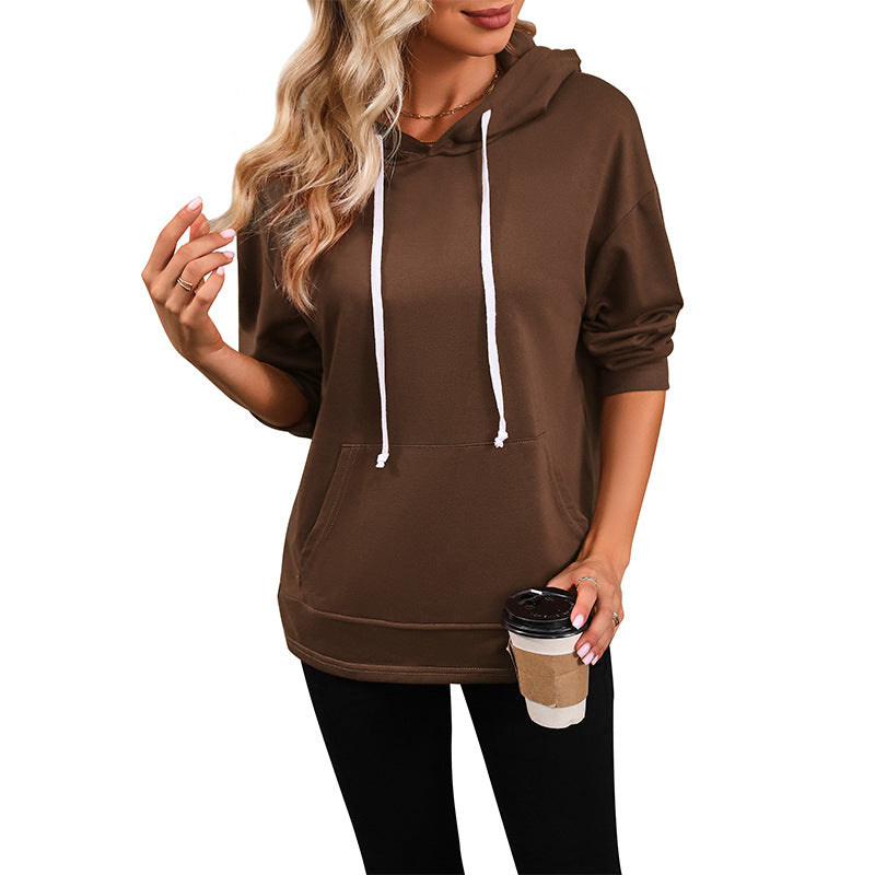 Damen Kapuzenpullover mit Kängurutasche, lockerer Silhouette und dreiviertel-Ärmeln Shop Nory