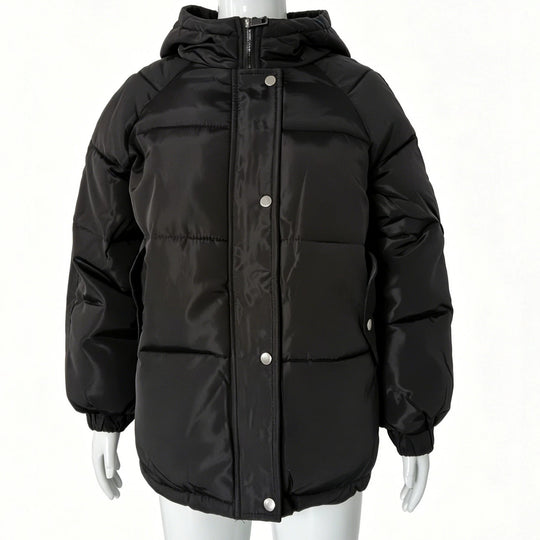 Damen Oversize-Steppmantel mit Kapuze, Druckknopfleiste und elastischem Saum Shop Nory