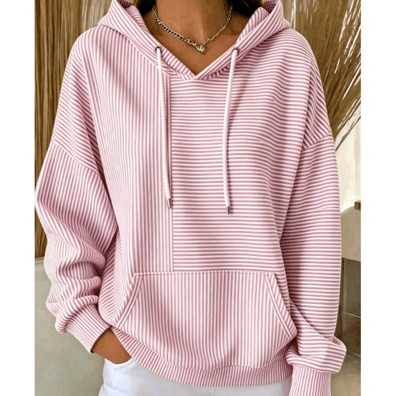 Damen Oversize Kapuzenpullover mit feinem Streifenprint, Kängurutasche und V-Ausschnitt-Kapuze Shop Nory