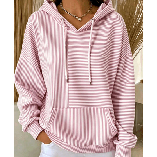 Damen Oversize Kapuzenpullover mit feinem Streifenprint, Kängurutasche und V-Ausschnitt-Kapuze Shop Nory