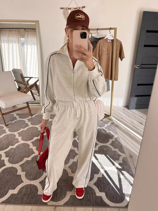 Damen Weiches Baumwoll-Mix Jogging-Set mit Stehkragen, Tunnelzugtaillen und seitlichen Kontraststreifen Shop Nory