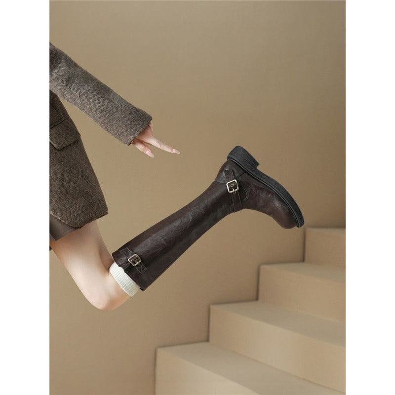 Damen Kniehohe Combat‑Stiefel mit glatter Lederoptik, seitlichem Reißverschluss und Deko‑Schnallen Shop Nory