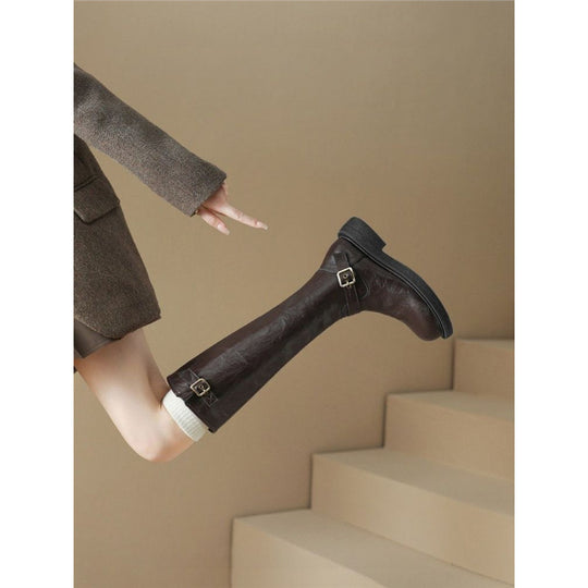 Damen Kniehohe Combat‑Stiefel mit glatter Lederoptik, seitlichem Reißverschluss und Deko‑Schnallen Shop Nory