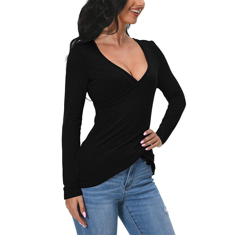 Damen figurbetontes Wickelshirt mit tiefem V‑Ausschnitt und überlappendem Saum Shop Nory