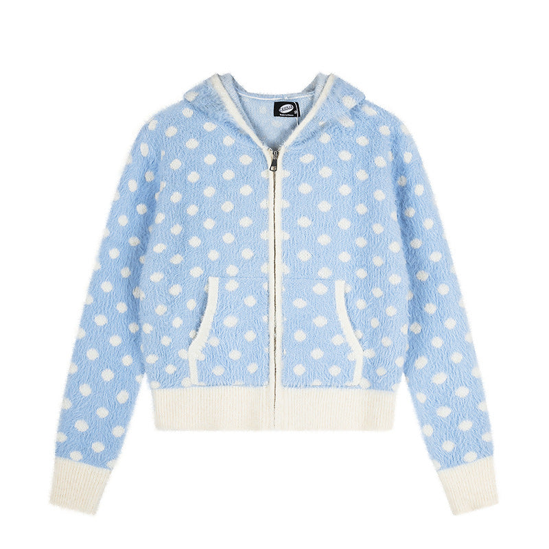 Damen Flauschige Kapuzen‑Zipjacke mit Polka‑Dot‑Jacquard und Eingrifftaschen Shop Nory