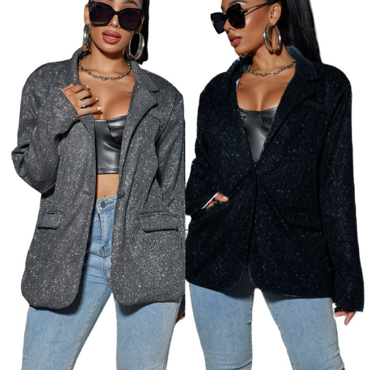 Damen Glitzernder Oversize-Blazer mit Pattentaschen & schimmernder Struktur Shop Nory