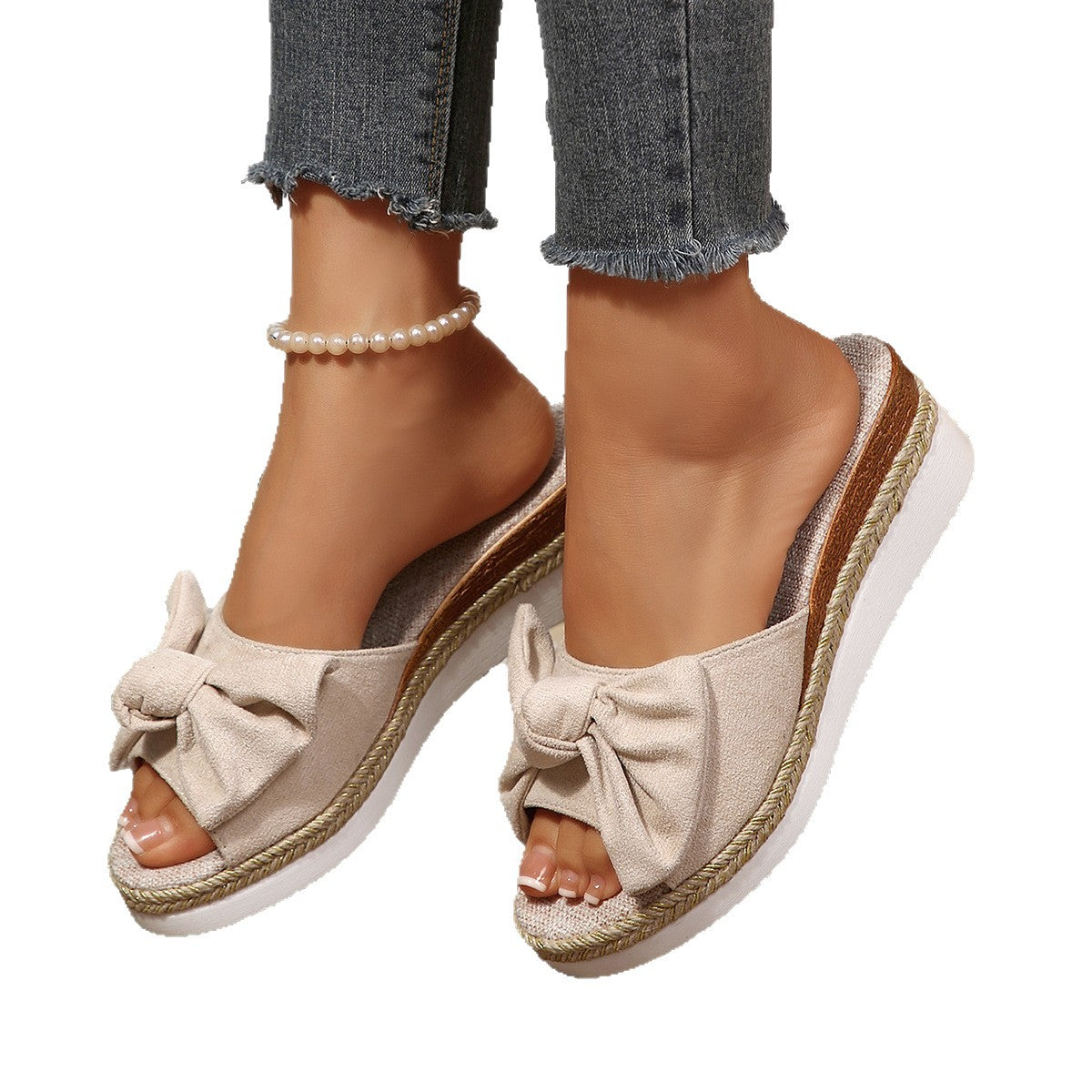 Damen Komfortable Wedge-Pantoletten mit modernen Schleifen und Jute-Detail