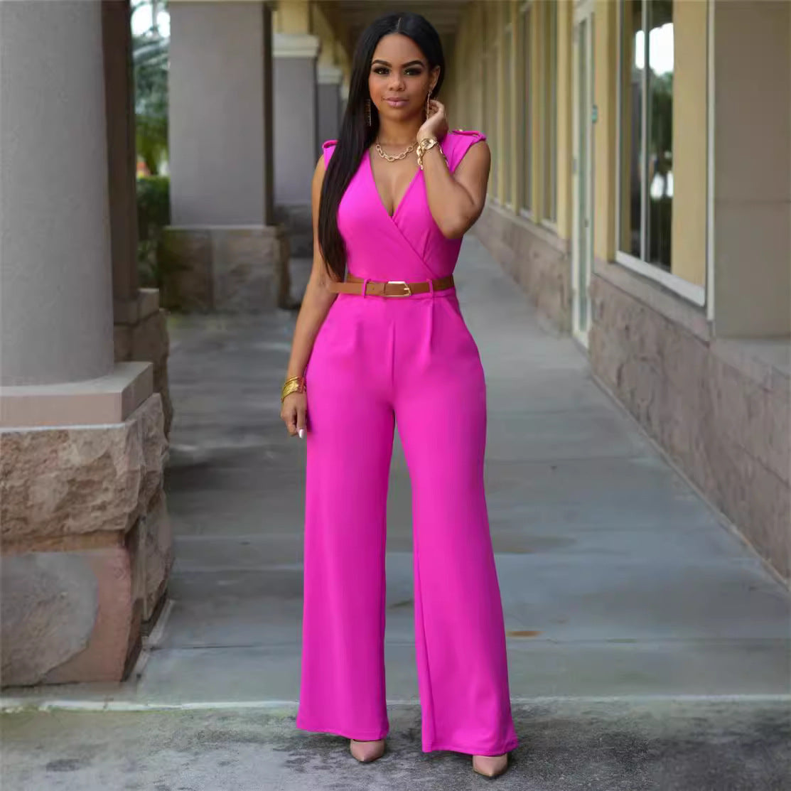 Damen Eleganter Wickel-Jumpsuit mit weitem Bein und Taillengürtel