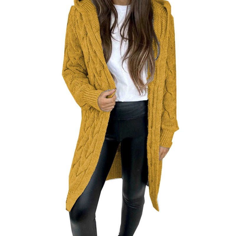 Damen lange Strickjacke mit Kapuze und Zopfmuster