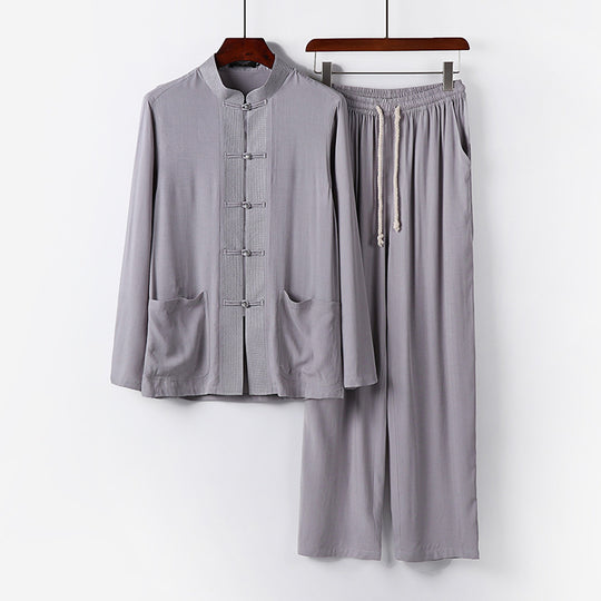 Herren Traditionelles Baumwoll-Loungewear-Set mit Stehkragen Knotenknöpfen und Kordelbundhose Shop Nory