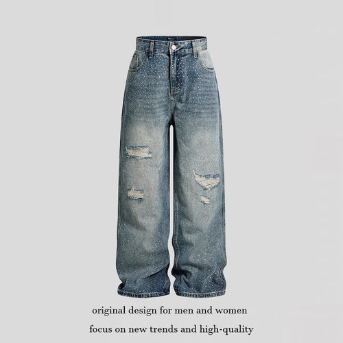 Damen Weite High‑Waist Denim-Palazzo-Jeans mit Destroyed-Details und Strassbesatz Shop Nory
