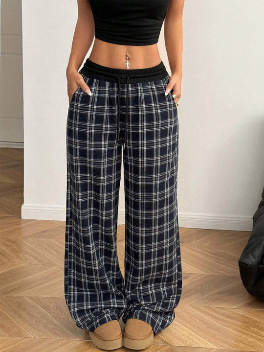 Damen weite karierte Lounge-Hose mit hohem Gummibund und Kordelzug Shop Nory