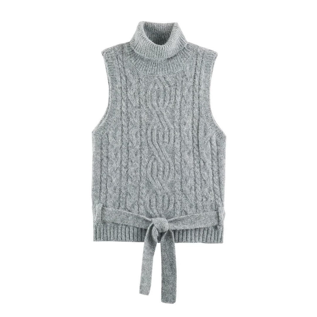 Damen Ärmellose Zopfstrick-Weste mit Rollkragen und Bindegürtel Shop Nory