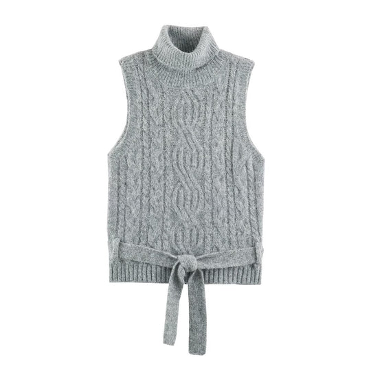 Damen Ärmellose Zopfstrick-Weste mit Rollkragen und Bindegürtel Shop Nory