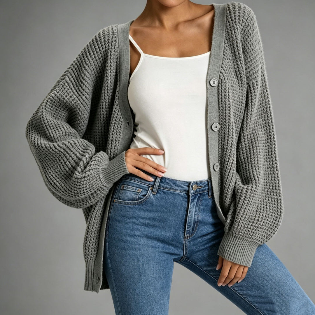Damen Oversize Grobstrick-Cardigan mit Ballonärmeln und Knopfleiste Shop Nory