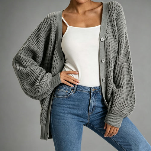 Damen Oversize Grobstrick-Cardigan mit Ballonärmeln und Knopfleiste Shop Nory