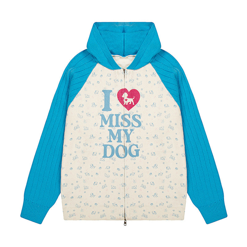 Damen Kapuzen‑Strickjacke mit durchgehendem Reißverschluss, gerippten Ärmeln und Hunde‑Statement‑Print Shop Nory