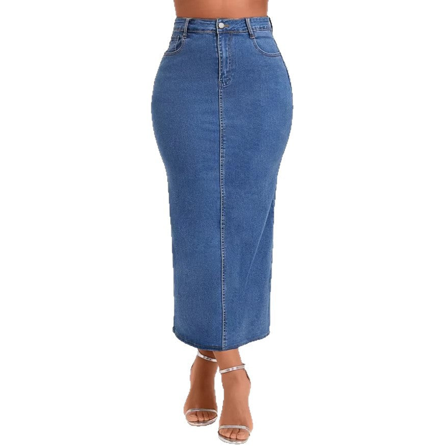 Damen Taillenhoher Stretch-Denim-Midirock mit sichtbarer Mittelnaht und Five-Pocket-Design Shop Nory