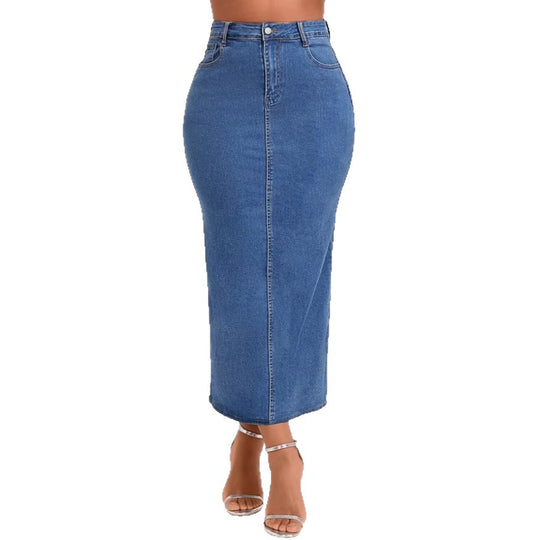 Damen Taillenhoher Stretch-Denim-Midirock mit sichtbarer Mittelnaht und Five-Pocket-Design Shop Nory
