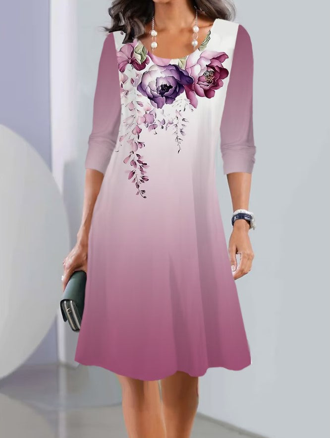 Damen A-Linien Kleid mit floralem Druck, U-Ausschnitt, Dreiviertelärmel und sanftem Ombre Shop Nory