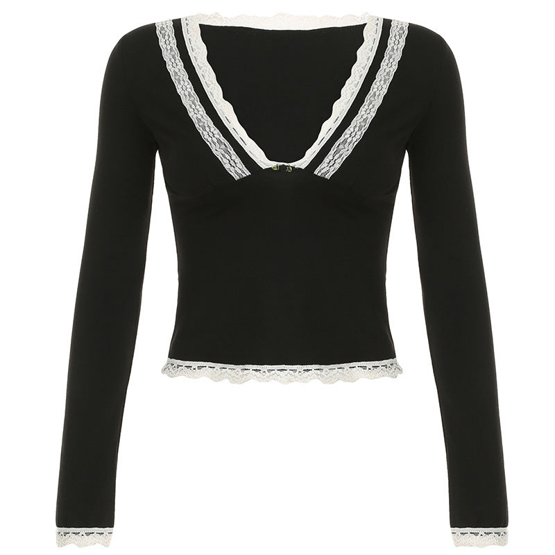 Damen nan tailliertes Langarm-Crop-Top mit tiefem V-Ausschnitt, zarter Spitzenkante und unterstützender Unterbrustnaht Shop Nory