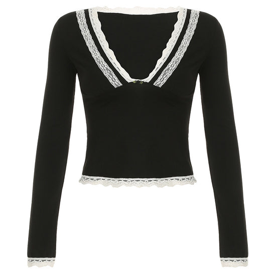 Damen nan tailliertes Langarm-Crop-Top mit tiefem V-Ausschnitt, zarter Spitzenkante und unterstützender Unterbrustnaht Shop Nory